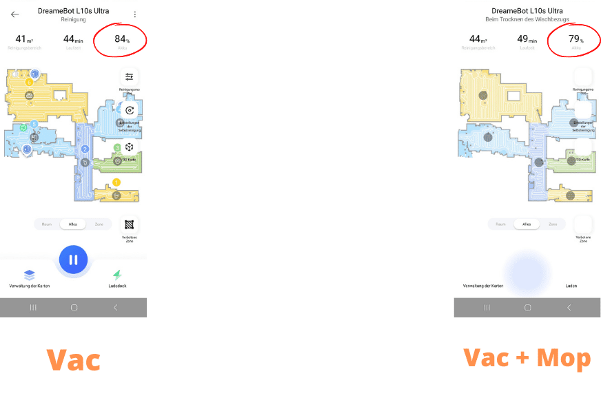 Оставшийся заряд аккумулятора Dreame L10s Ultra в приложении после уборки квартиры площадью 80 м².